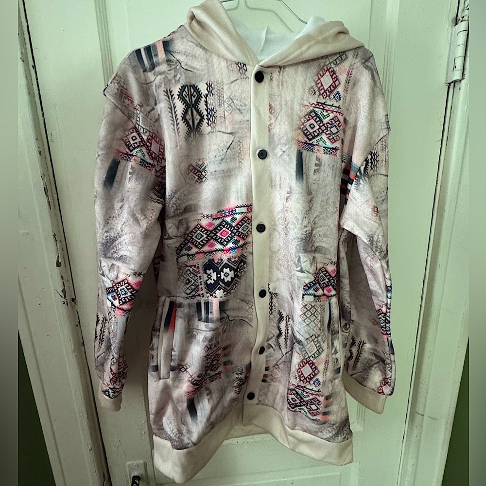 Patterned Hooded Button-Up Jacket